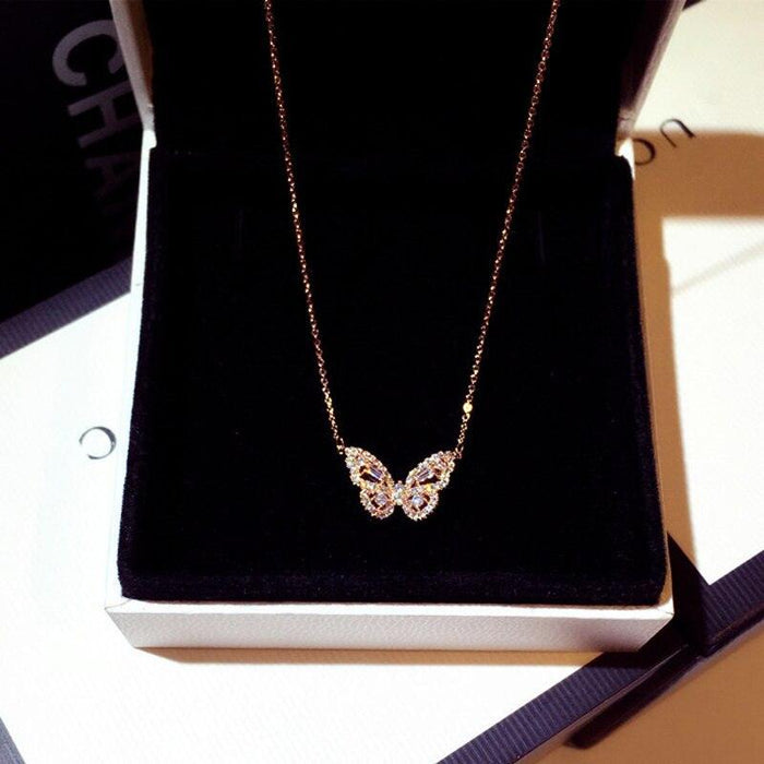 Shimmering CZ Zirconia Butterfly Necklace - Elegant Women's Jewelry in Rose Gold or Silver