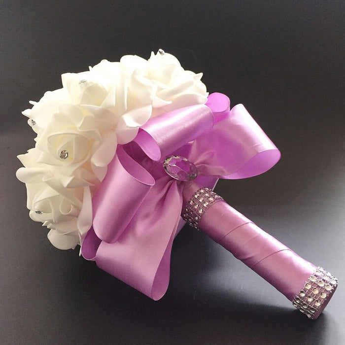 Wedding Bride Bouquet Artificial Roses with Silk Satin Ribbon Foam