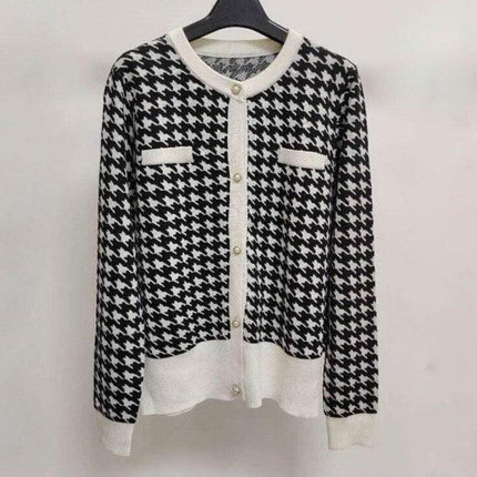 Vintage Charm Houndstooth Knit Crop Sweater for Autumn Fashion
