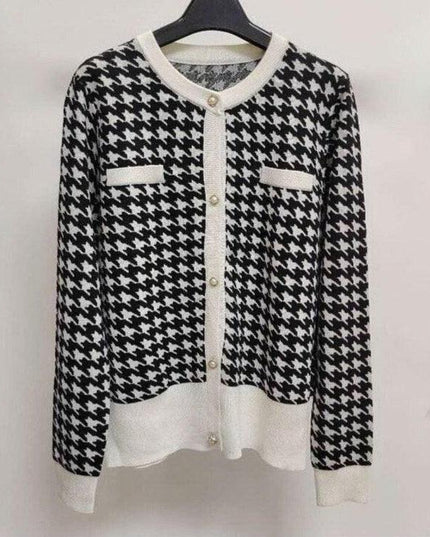 Vintage Charm Houndstooth Knit Crop Sweater for Autumn Fashion