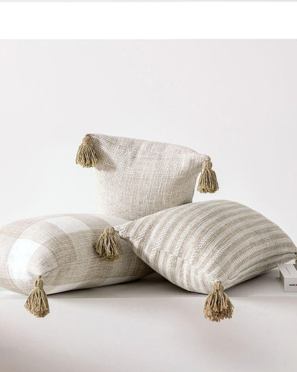 Chic Cream White Reversible Tassel Pillow Cover with Stylish Patterns