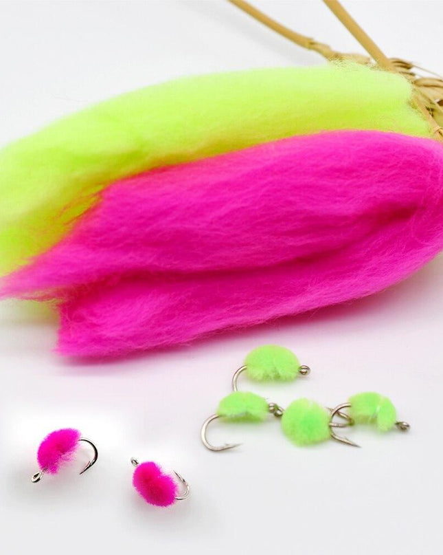 Vibrant Rose Red & Green Trout Fishing Egg Fly Yarn Set - Premium 5-Pack