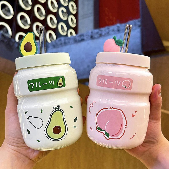 Charming 500ml Ceramic Cartoon Mug with Straw - Ideal for Home or Office Enjoyment