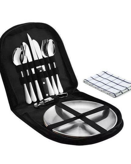 Compact Picnic Dining Set for Two - Durable Stainless Steel with Colorful Cloth Kit