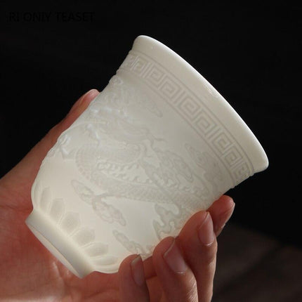 Sophisticated Handcrafted White Porcelain Tea Cup Collection with Unique 3D Relief Detail - Available in 4 Sizes