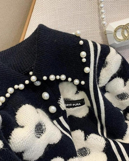 Vintage Pearl-Embellished Knit Pullover - Chic Autumn Sweater for Women
