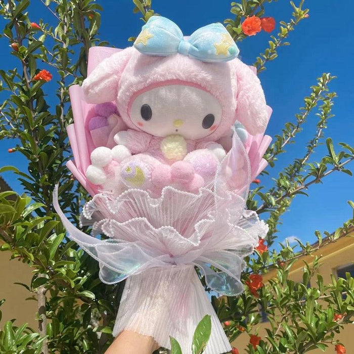 Sanrio Character Plush Bouquet - My Melody, Kuromi, Cinnamoroll & Kt Cat Plush Dolls Bouquet with Gift Box