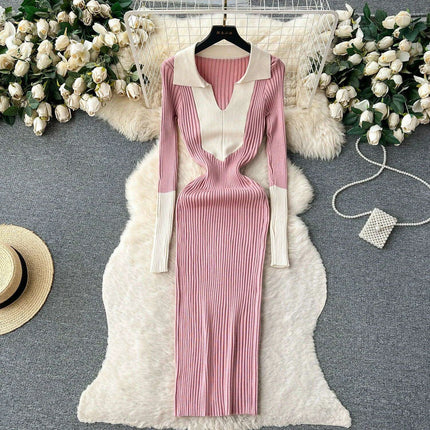 Elegant Knit Wrap Dress with Polo Collar for Autumn and Winter