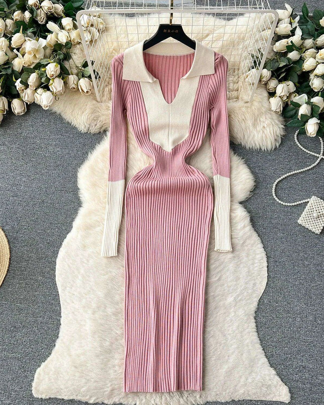 Elegant Knit Wrap Dress with Polo Collar for Autumn and Winter