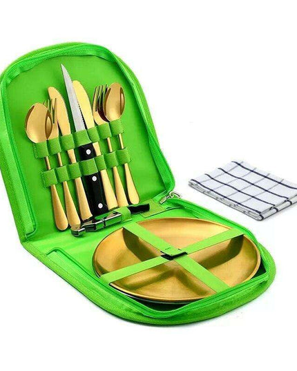 Compact Picnic Dining Set for Two - Durable Stainless Steel with Colorful Cloth Kit