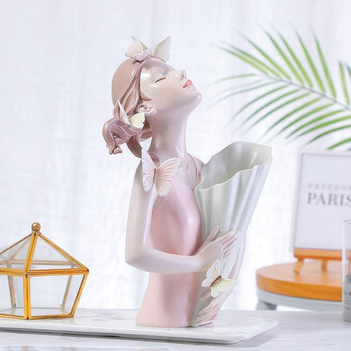 Chic Butterfly Girl Resin Floral Vase - Sophisticated Home Decor Accent