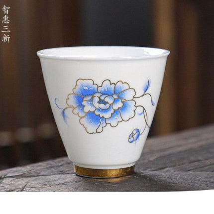 Crane Elegance White Porcelain Tea Cup for Good Fortune