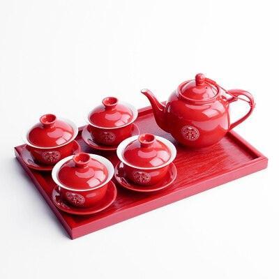 Elegant Red Ceramic Chinese Wedding Tea Ceremony Set - Exquisite Teapot and Teacups for Memorable Celebrations