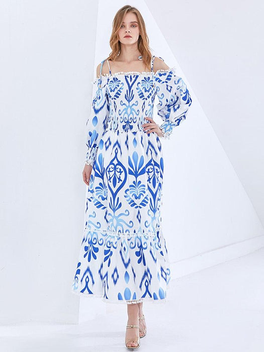 Contemporary Elegance with Retro Print Off-Shoulder Dress