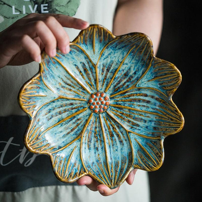 Japanese Style Ceramic Plates - Ocean and Botanical Design Set for Unique Table Setting