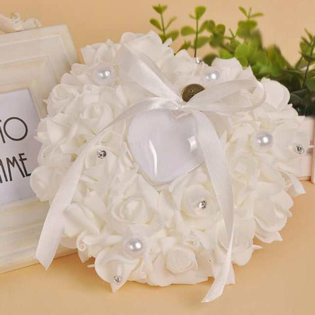 Exquisite Ivory Satin Ring Holder Pillow with Crystal Accents for a Dreamy Wedding Ceremony