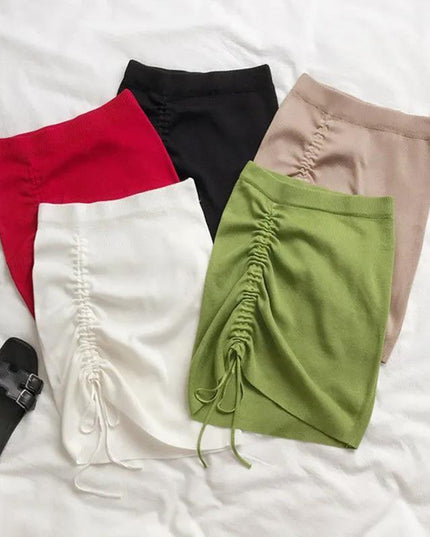Chic White High Waist Stretch Mini Skirt with Drawstring Detail