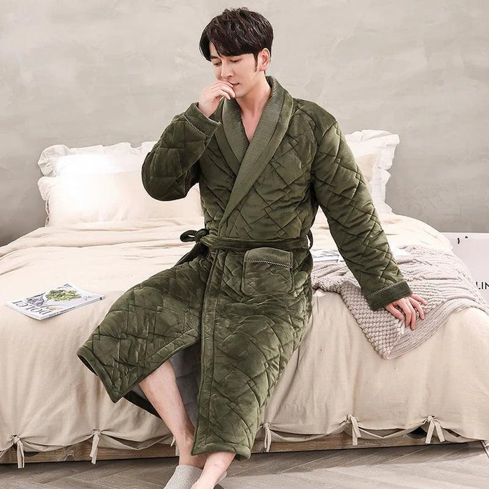 Winter Warmth Men's Quilted Flannel Kimono Bathrobe - Luxurious Long Robe for Cozy Evenings