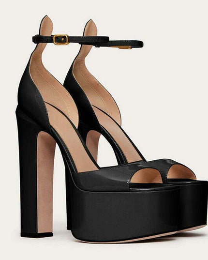 Sleek Patent Leather Chunky Heel Party Sandals - Women's Fashionable Peep Toe Pumps