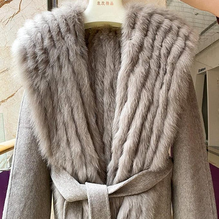 Elegant Hooded Wool and Cashmere Coat with Fox Fur Trim for Stylish Women