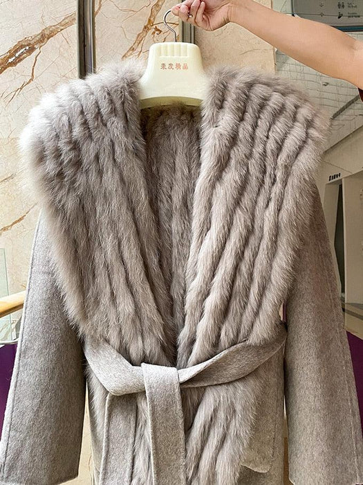 Luxurious Women's Fox Fur-Trimmed Wool and Cashmere Hooded Coat