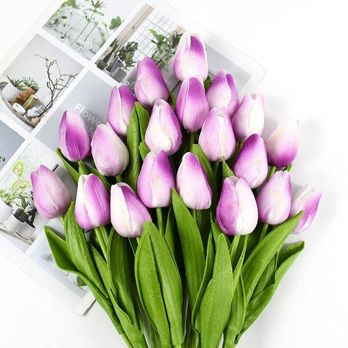 White and Yellow Real Touch Tulip Bouquet - Set of 10 for Effortless Elegance