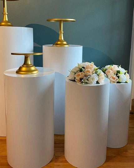 Elegant White and Gold Cylinder Display Pedestals Set