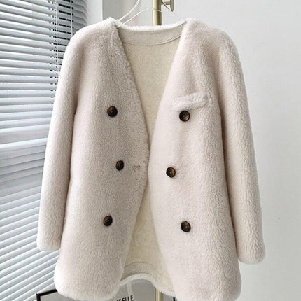 Exclusive Luxe Real Fur Double-Breasted Winter Jacket with V-Neck Elegance