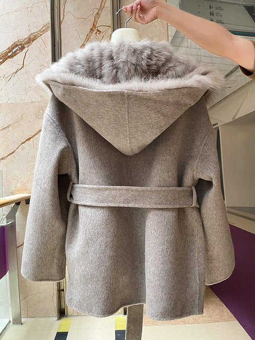 Luxurious Women's Fox Fur-Trimmed Wool and Cashmere Hooded Coat