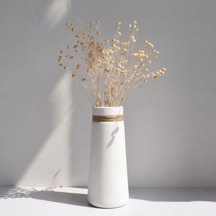 Chic White Ceramic Vase with Rustic Hemp Rope Detail - Perfect for Stylish Floral Arrangements