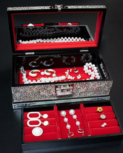 Elegant Crane and Shell-Inlaid Jewelry Organizer with Mirror