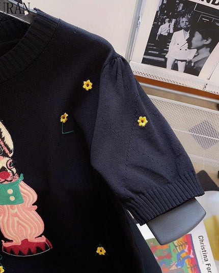 Stylish Black Anime Embroidered Short Sleeve Knit Tee for Women