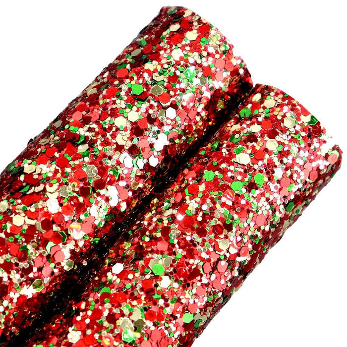 30x134cm Red Green Gold Christmas Chunky Glitter Fabric Roll