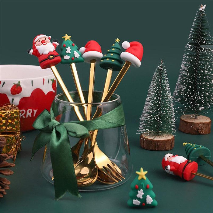 Santa's Joyful Holiday Silverware Duo - Cheerful Spoon and Fork Set for Festive Feasts