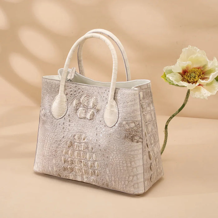 Luxurious Crocodile Leather Tote - White Handbag with Spacious Interior for Women