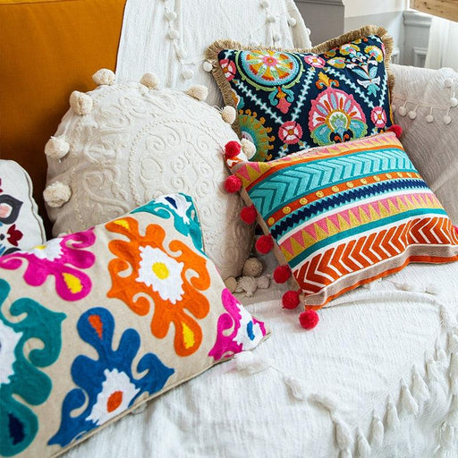 Bohemian Style Reversible Sofa Cushion Cover with Embroidered Flowers - Decorative Lumbar Pillow for Bedroom and Living Room