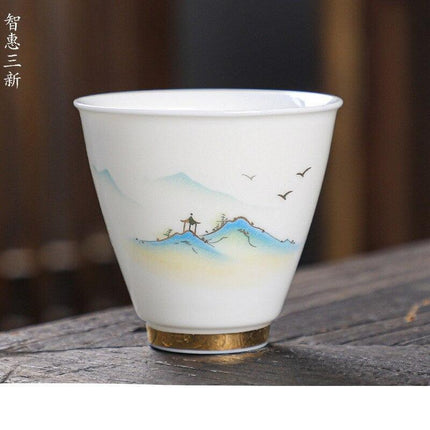 Crane Elegance White Porcelain Tea Cup for Good Fortune