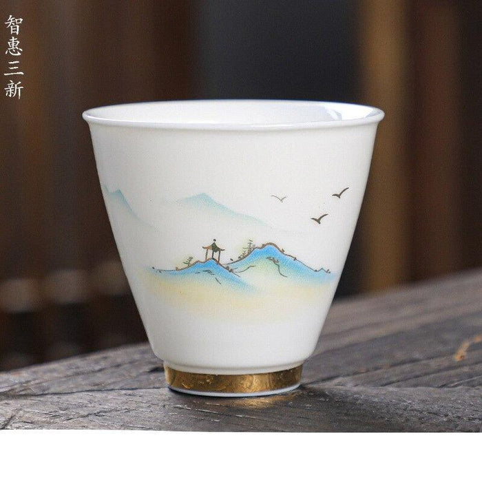 Crane Emblem White Porcelain Tea Cup - Symbolizing Longevity