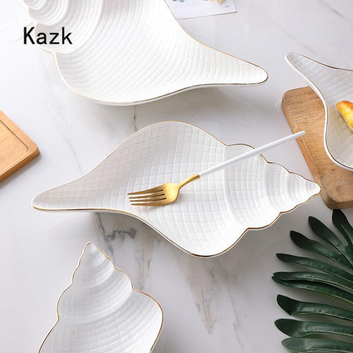 Nordic Conch Shell Ceramic Dinner Plates Set with Gold-Brushed Elegance