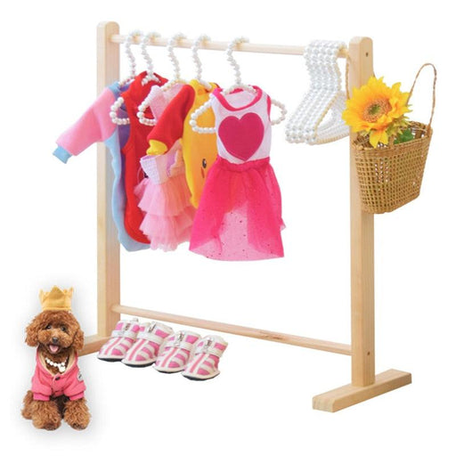 Pet Clothes Hanger Stand with Festive Wooden Design and Storage Solution