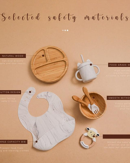 Bamboo Baby Feeding Set with Suction Plates and Rattle Toy - 7-Piece Collection