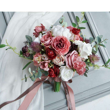 Timeless Elegance Burgundy and Dusty Pink Silk Rose Bridal Bouquet - European Vintage Collection