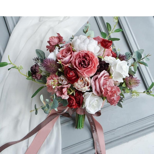 Vintage European Burgundy and Dusty Pink Wedding Bouquet with Real Touch Silk Roses