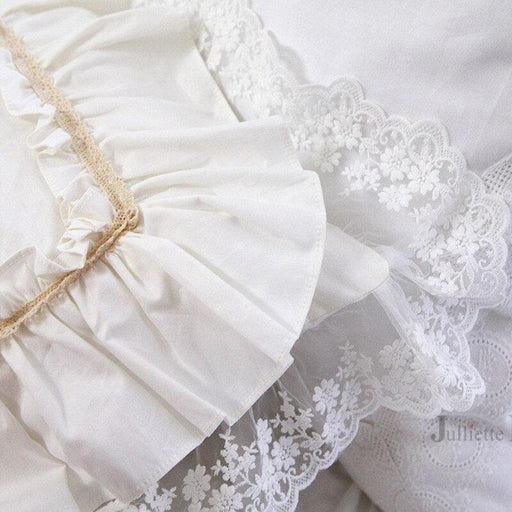 Luxurious Beige Cotton Pillow Sham Duo adorned with Elegant Big Lace Ruffles - Set of 2