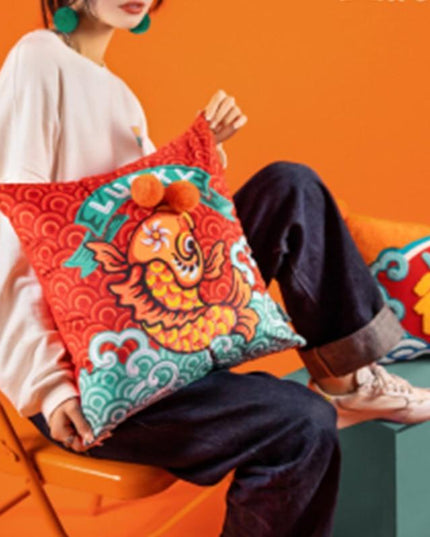 Lunar New Year Embroidered Tiger & Prosperity Fish Decorative Pillowcase