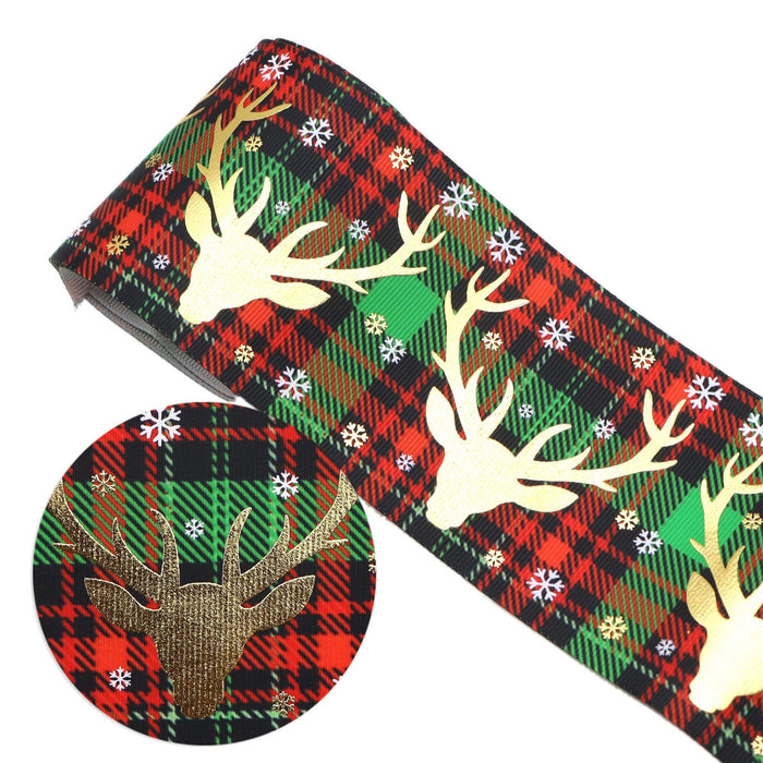 Festive Christmas Snowflake Deer Print Gold Foil Grosgrain Ribbon - 75mm Width