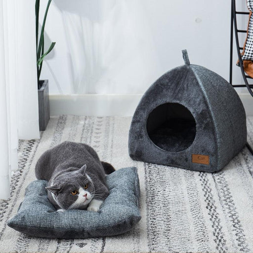 Cozy Gray Plush Pet Cave Bed for Small Dogs and Cats