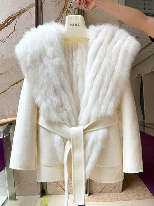 Luxurious Women's Fox Fur-Trimmed Wool and Cashmere Hooded Coat