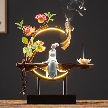 Serene Floral Backflow Incense Fountain with Wooden Bracelet