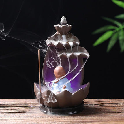 Serene Zen Monk Backflow Incense Waterfall with Illuminating LED for a Calming Environment - Très Elite